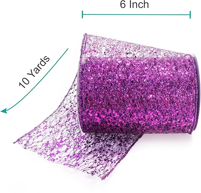 CT CRAFT LLC Sparkling Glitter Mesh Wired Ribbon 6" x 10 Yards Purple - Image 2