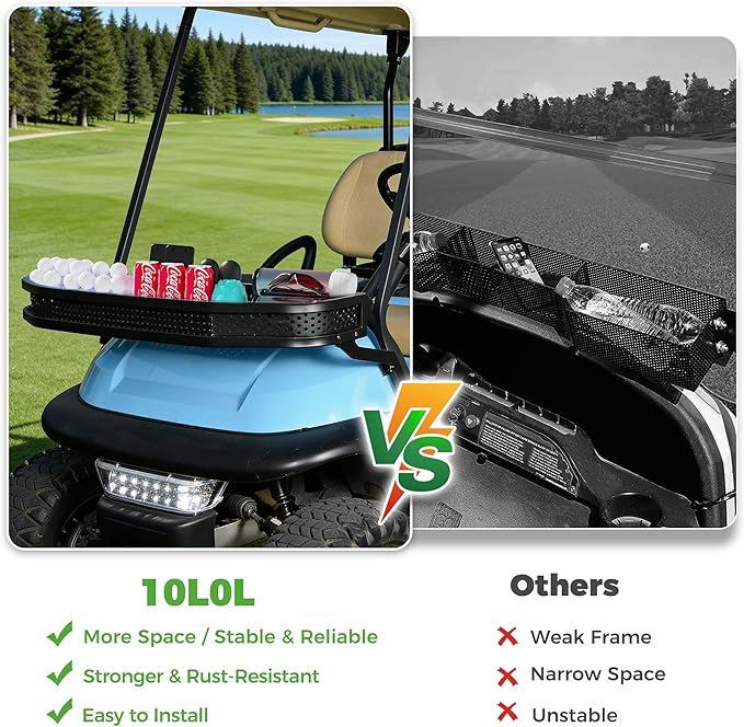10L0L Golf Cart Front Cargo Basket for EZGO TXT/RXV、Club Car DS/Precedent、Yamaha G22/G29 - Heavy-Duty Steel Mesh Storage Rack, Gas/Electric Compatible