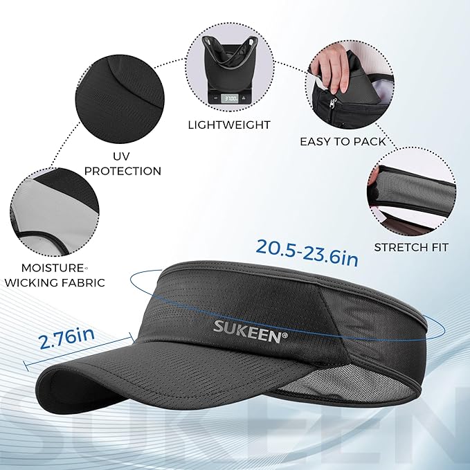 Sukeen 2 Pack Sports Sun Visor Men Women Lightweight Packable Cooling Stretchy Visor Hat for Running, Tennis, Golf