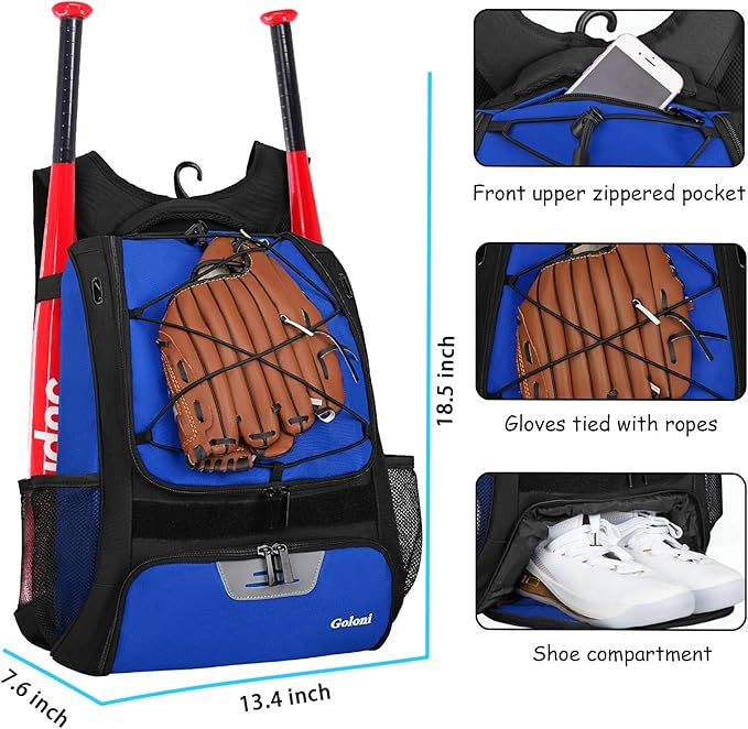 Goloni | Baseball Backpack,Baseball Bag for Adult,Softball Bat Bag with Shoes Compartment,Large Main Compartment for Helmet & accessories, Fence Hook