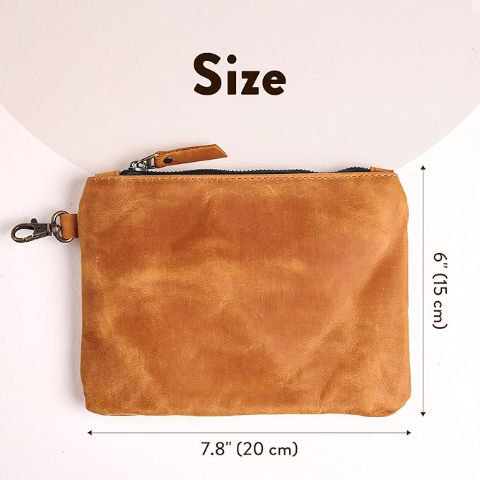 Leather Golf Ball Pouch – Genuine Leather Golf Zipper Pouch for Tees & Valuables, Golf Bag Accessory with Metal Clip 7.8" x 6", Compact Golf Organizer for Men & Women, Warm Brown