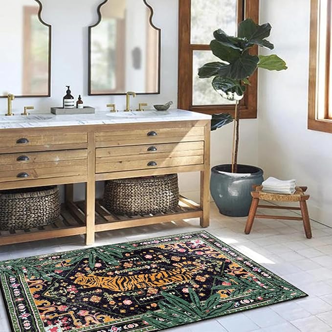Oriental Tropical Entryway Rugs Washable, Thin Black Boho Vintage Distressed - Image 2
