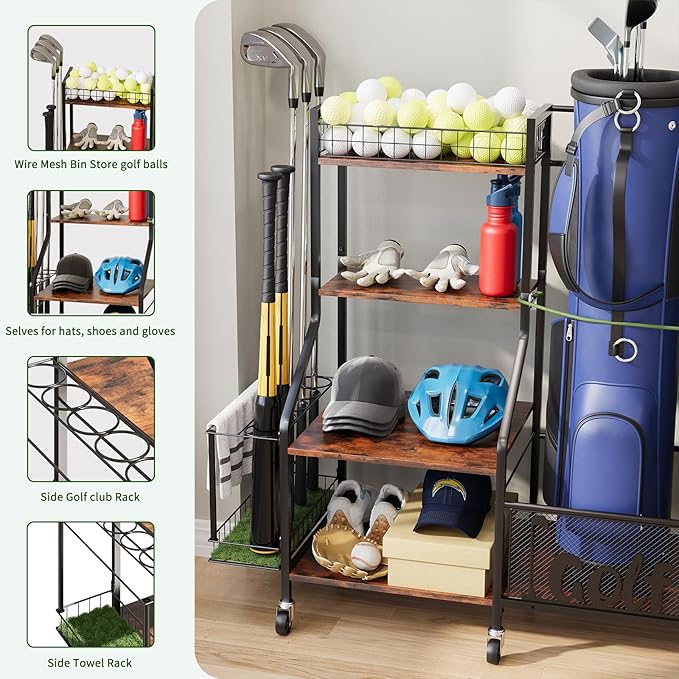 HavenlyYouth Garage Golf Bag Storage Organizer with Wheels, Heavy Duty Golf Club Rack for 2 Bags, Golf Balls & Accessories, Extra Sports Equipment Rack