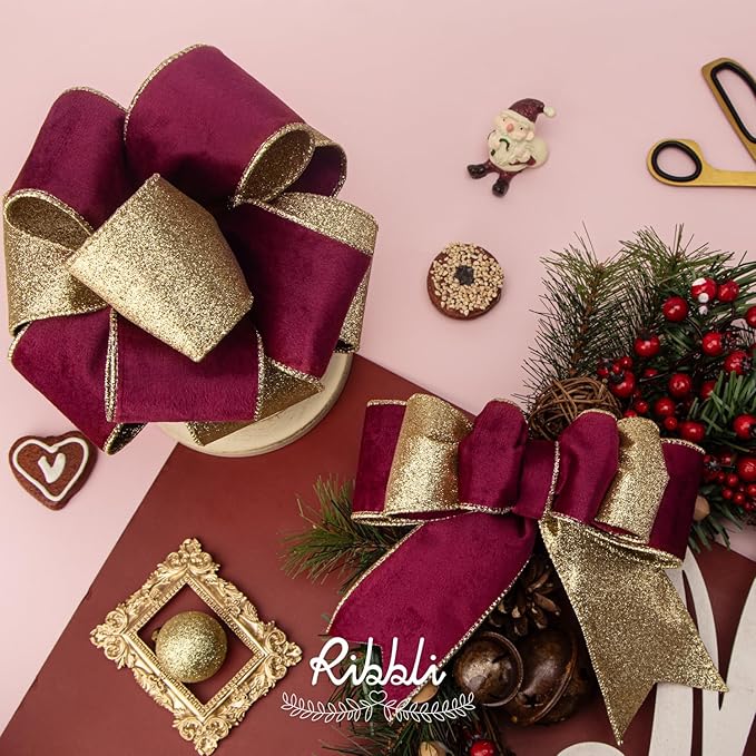 Ribbli Burgundy Velvet Wired Ribbon 2.5 Inch Burgundy Velvet - Image 2