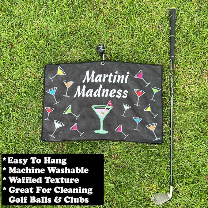 Giggle Golf Martini Par 3 Pack for Women, Microfiber Waffle Weave Golf Towel, Tee Bag with Tees and Bling Ball Marker with Magnetic Hat Clip (Martini Madness)