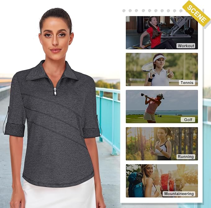 Koscacy Women's 3/4 Roll Sleeve Golf Tennis Polo Shirts UPF50+ Half Zip Dry Fit Workout Tops Athletic Shirt