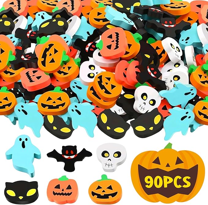 90 Pcs Halloween Mini Erasers for Kids, PLULON Goody Bag Fillers Pumpkin Black by PLULON