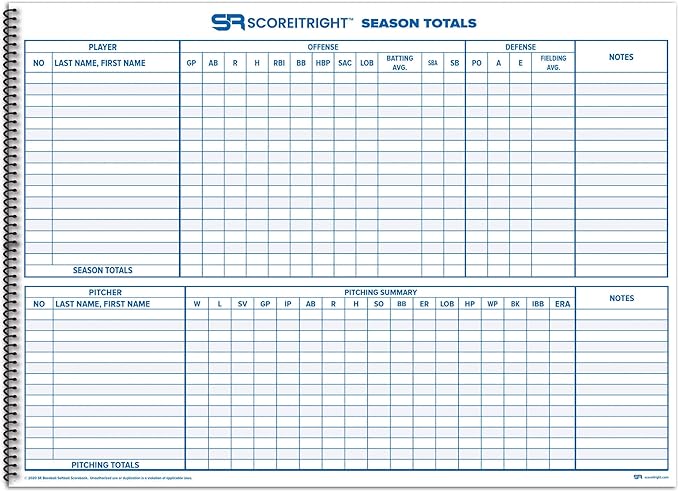 Score It Right Side By Side Baseball/Softball Scorebook – Premium Score Keeping Book – 16 Player - 30 Game Scorebook with Pitch Count, Individual Player Stats, Batting Average Chart - 11.5" x 16"