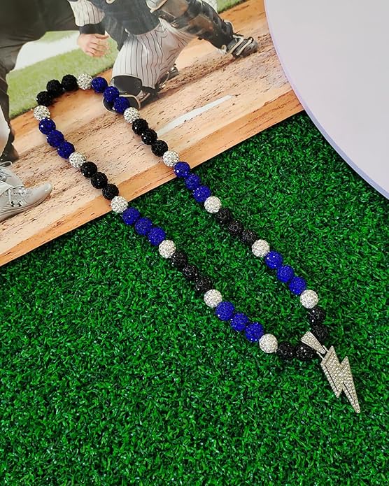 Baseball Necklace for Men 16/18/20 Inch Bling Ice Collection Lightning Bolt Pendant Necklace for Women Rhinestone Clay Beaded Discoball Accessories Gifts for Baseball Team Players Lovers