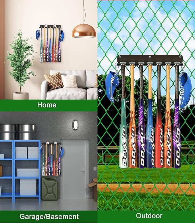 QBA 2 Pack Baseball Bat Rack, Baseball Bat Holder Wall Mount, Holds 14 Bats, Bat Organizer for Dugout Fence Home Garage, Black