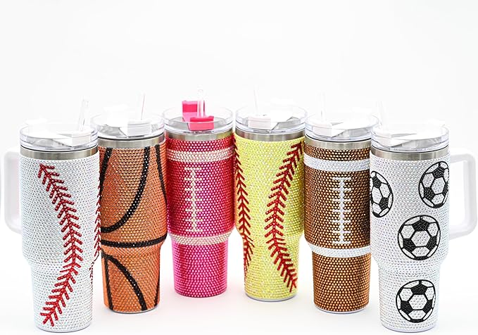 40 Oz Rhinestone Bling Tumbler Cup with Handle and Straw (BASEBALL), Stainless Steel and Double Wall Insulated