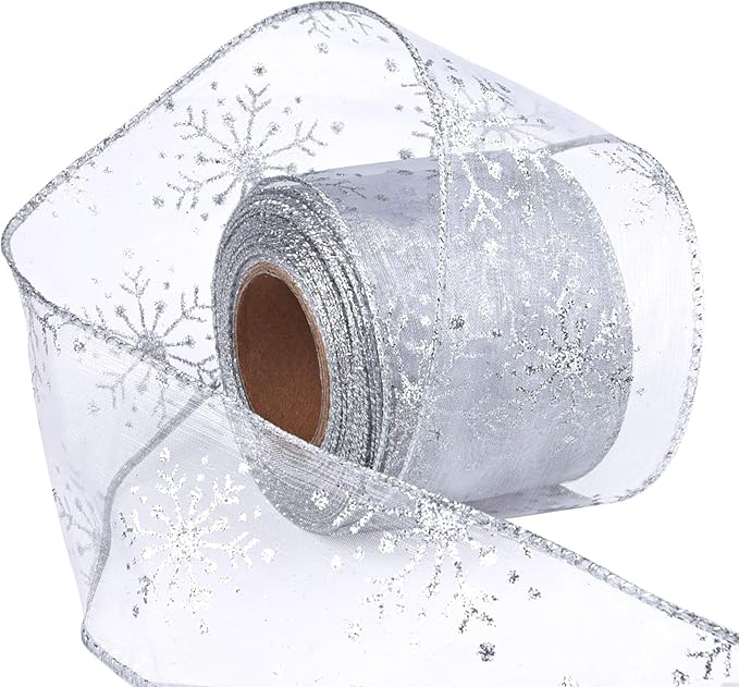 2.5 Inch Wide Christmas Wired Ribbon Snowflake Organza Sheer Glitter Ribbon by Livder