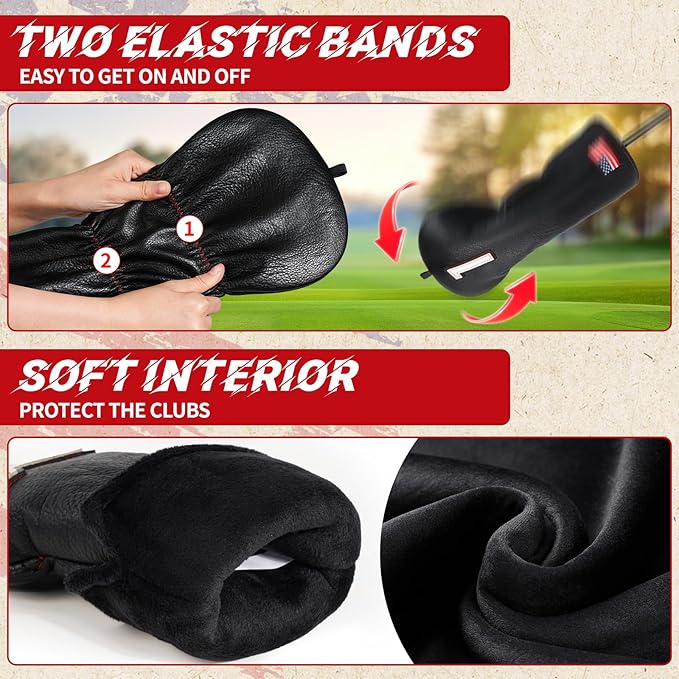 Golf Head Covers, US Flag Patriotism Golf Club Cover for Woods and Driver, Fairway, Hybrid - Premium Leather Golf Club Head Covers with Interchangeable Tags
