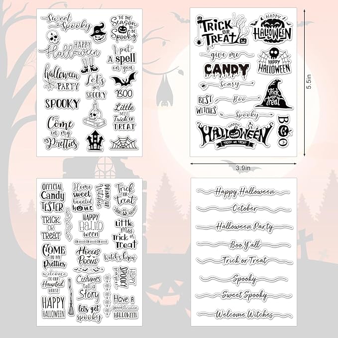 Whaline 4 Sheets Halloween Clear Stamps Greeting Words Pumpkin Bat Silicone - Image 2