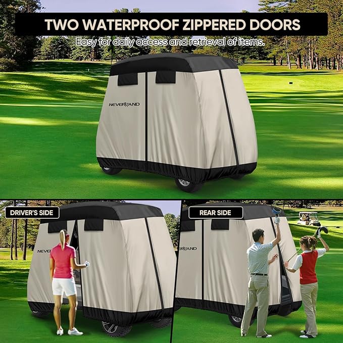 NEVERLAND Golf Cart Cover 4 Passenger - Outdoor Waterprood Golf Cart Covers, 420D Club Car Golf Cart Covers With Air Vent&Zipper Compatible with EZGO Yamaha Club Car 4 Seat (Up to 115 Inch)Black+Brown