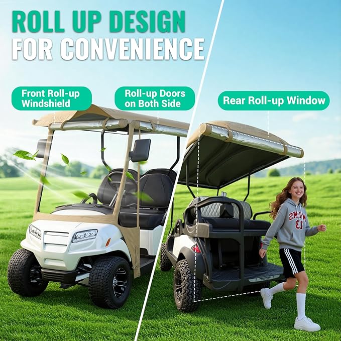 Golf Cart Enclosure 4 Passenger Extended Roof for EZGO/Club Car/Yamaha/ICON, Fits 2+2 Seater Model, 600D Waterproof Rain Cover with Clear PVC Windows and 4-Sided Roll-Up Zipper Doors