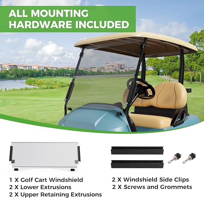 10L0L Golf Cart Windshield for Club Car Precedent 2004-Up, Tempo, 2017-Up Onward, One-Piece Hinge Design, Clear/Tinted Anti-UV Impact Resistant,HD View, 37.5" W X 33.6" H