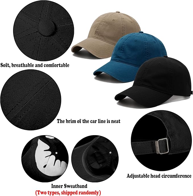 3 Pack Washed Plain Vintage Baseball Cap Cotton Adjustable Twill Bulk Low Profile Classic Dad Hat for Men/Women