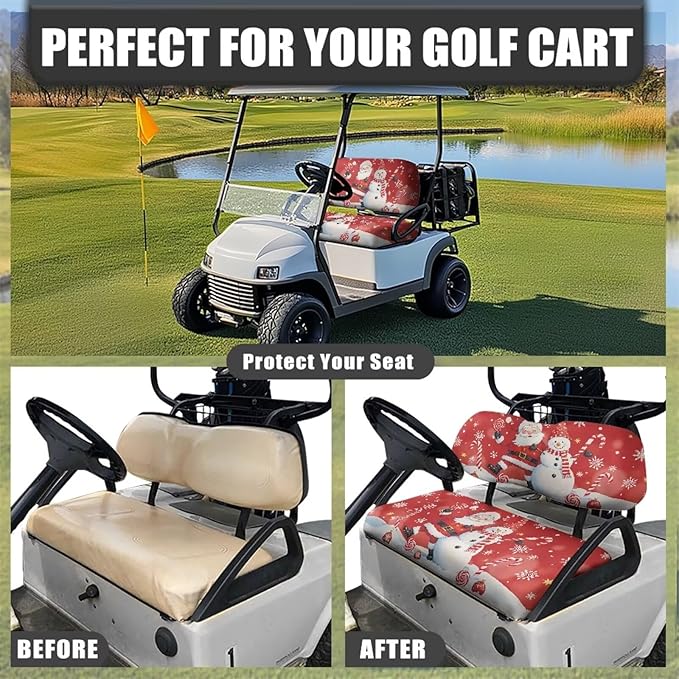 Bulopur Christmas Golf Cart Front Seat Covers Ezgo TXT Club Car Santa Claus Snowman Golf Cart Towel Seat Covers 2 Pack Red Christmas Golfcart Decorations Kit Universal Fit and Easy to Install