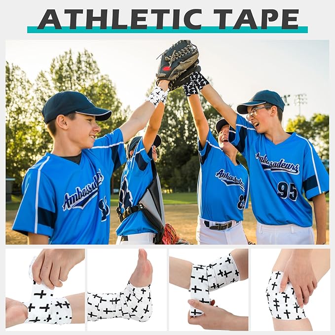 TrelaCo 2 Pcs Wrist Tape Baseball Cross Athletic 2in x 23ft Cotton Cross Wrist Tape Serrated Edges for Fingers Ankles Injury Wrap, Football Baseball Hockey Soccer (White,Black)