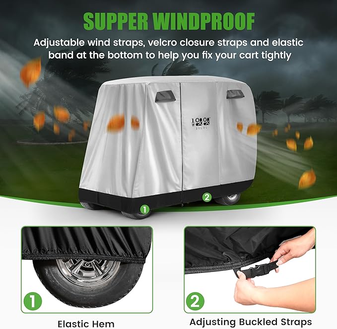 10L0L Universal Golf Cart Covers for Yamaha, Club Car, EZGO, Waterproof 2/4 Passenger Heavy Duty Golf Cart Rain Covers with 3 Zipper Doors Extended Roof for Outdoor All-Weather Protection