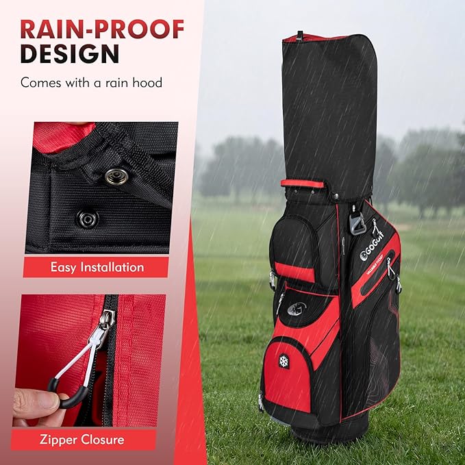 Tangkula Golf Cart Bag with 14-Way Full Length Dividers, 6 Molded Lock Top Golf Club Bag with 11 Pockets, Cooler Bag, Padded Strap, Handles, Umbrella Holder & Rain Hood