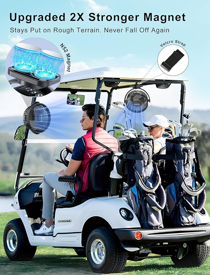 [Upgraded 2X Magnet] 1-Pack Magnetic Golf Cart Fan Rechargeable, 12000mAh Battery Operated Portable Fan with Light, Magnetic Base, Suitable for EZGO Club Car Yamaha, Golf Cart Accessories 2026