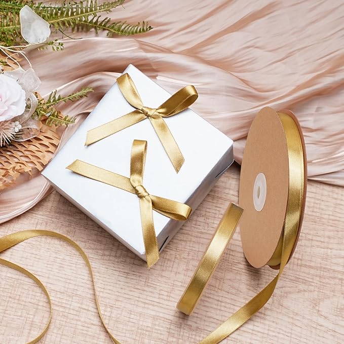 LaRibbons Gold Satin Ribbon 3/8 Inch 50 Yards Thin Luxury Double Faced Pale - Image 2