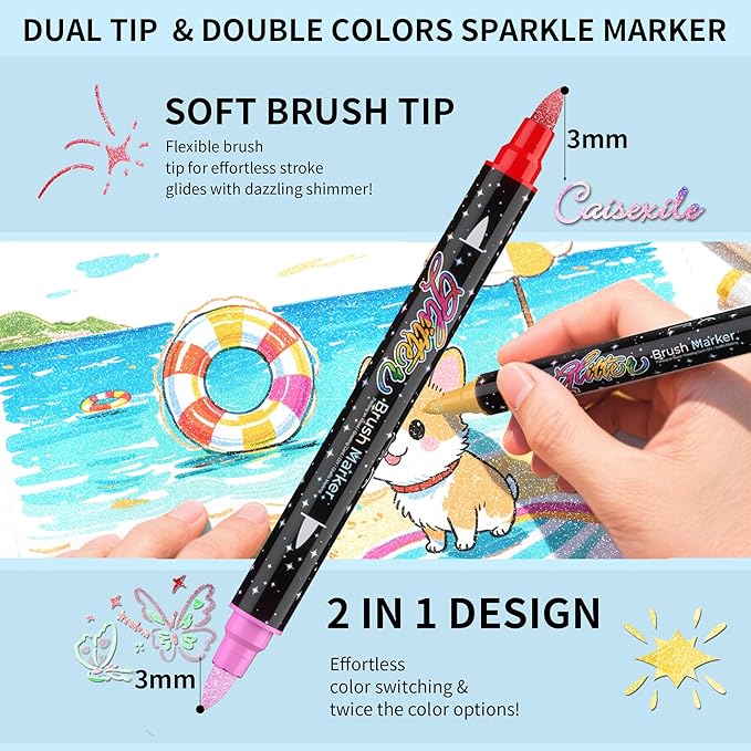 24 Colors Dual-tip Watercolor Markers, 12 Pack Glitter Brush Markers, - Image 3