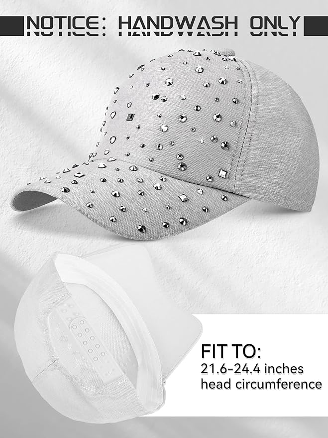 Loopeer 2 Pcs Adjustable Breathable Rhinestone Baseball Cap for Women Men Sequins Casual Sports Cap Rhinestone Hat