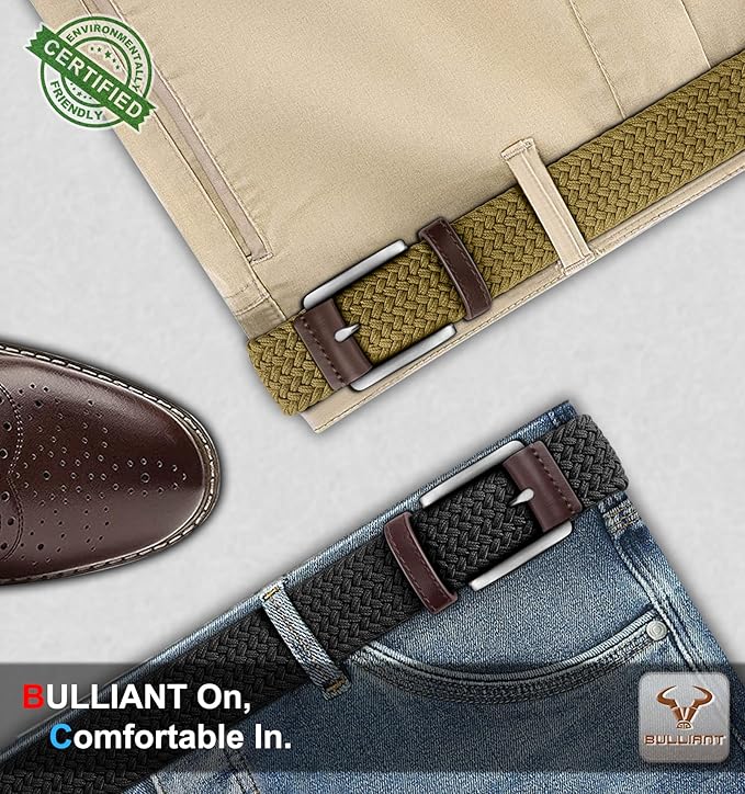 BULLIANT Belt for Men 2Pack,Mens Gift Stretch Braided Web Belt Elastic for Casual Golf Jeans,1 3/8"
