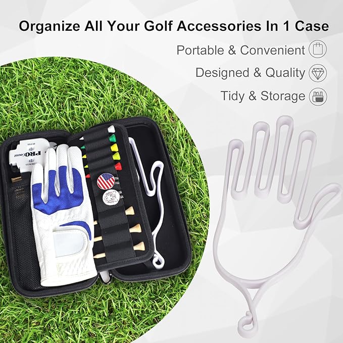 Golf Glove Holder Case for Accessories with Removable Glove Shaper Portable Golfer Gifts for Men & Women Caddy Organizer Case with Storage Slots for Divot Tools, Tees & Ball Markers