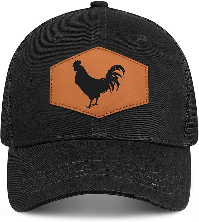 Rooster Baseball Cap for Chicken Lovers,Leather Trucker Hat Snapback Hat for Men Women Brown