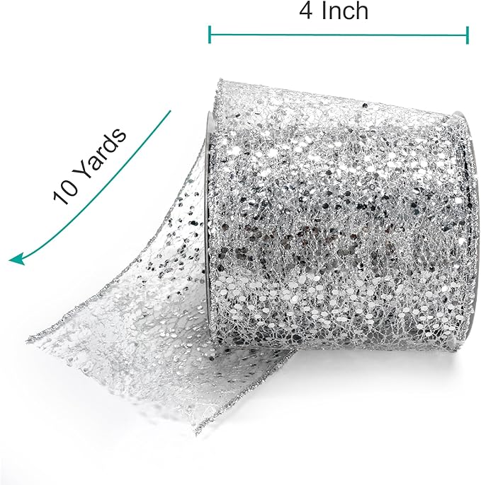 CT CRAFT LLC Sparkling Glitter Mesh Wired Ribbon 4" x 10 Yards Silver - Image 2