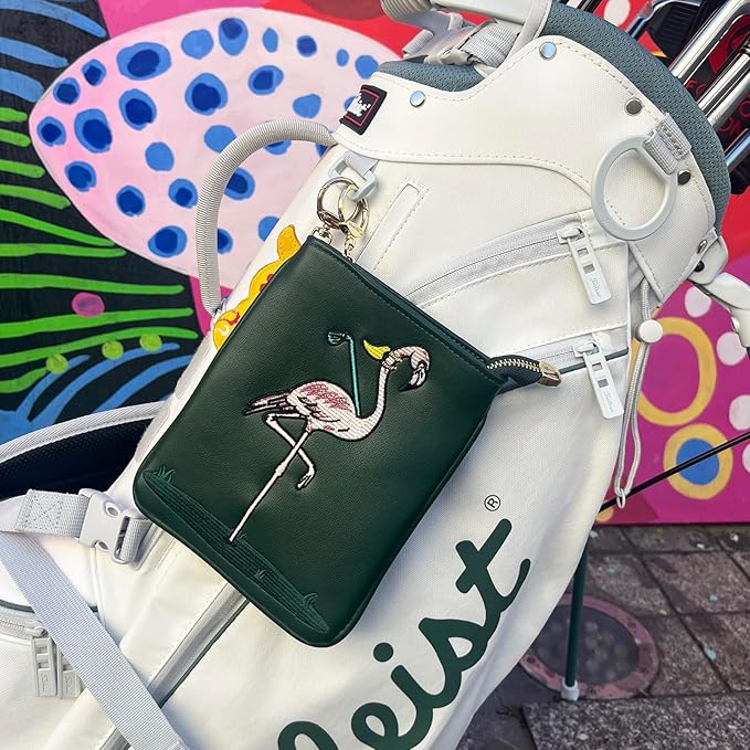 PINKTEE Golf Valuables Pouch Premiun Leather Tee Pouch Funny Golf Accessories Bag with Zipper Master Green for Women Men (Pink Stripe, FLAMINGO)