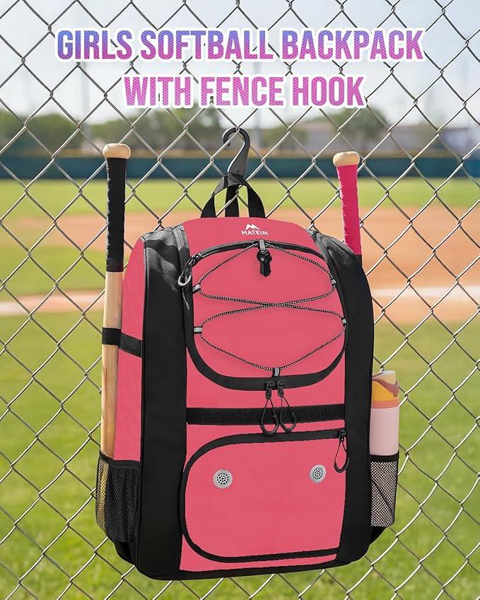 MATEIN Softball Bag, Lightweight Baseball Backpack with Shoe Compartment, Baseball Bag with Fence Hook for TBall Bat & Equipment, Softball Gifts Catchers Backpack for Women Fit Catcher’s Mitt, Helmet