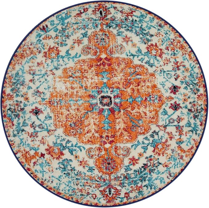 Lahome Washable Round Rugs 5'3"ft, Bohemian Orange Circle Rugs - Image 9