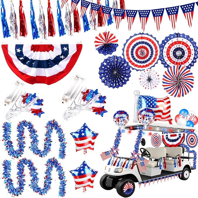 Tryly 46 PCS 4th of July Golf Cart Decorations, Patriotic Independence Day Decor with Luminous Pentagram Rope, Balloons, Flags, Windmill and Tassel, Used for Outdoor Party, Parade, Yard Decorations