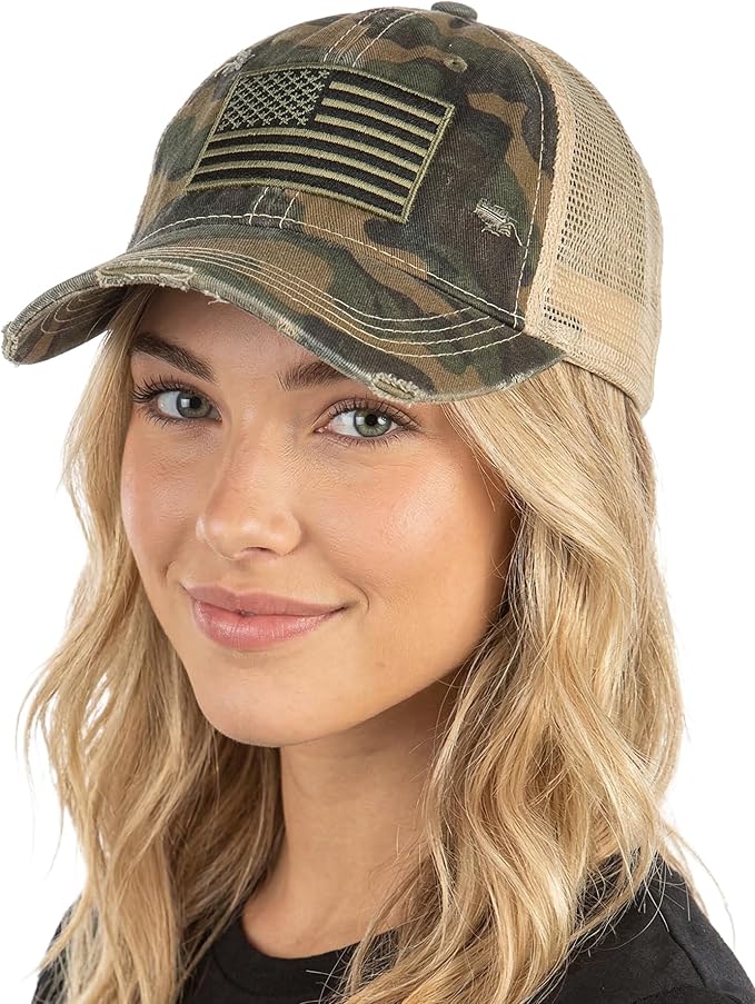 Funky Junque Trucker Hat for Women – Distressed Low Profile Western Camo Baseball Cap with Mesh, Trendy and Adjustable Fit