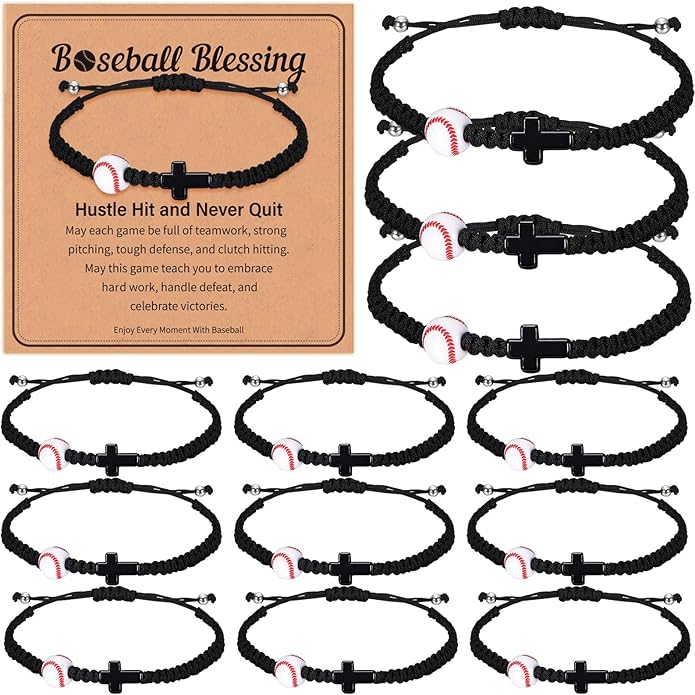 Tondiamo 12 Set Christian Cross Balls Bracelets Gifts Adjustable Baseball Volleyball Softball Woven Jewelry Charm Bracelets with Inspirational Cards for Team Gifts Sports Lover