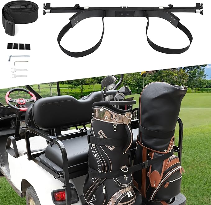 Golf Cart Bag Holder Bracket for 2+2 Seater Golf Cart Rear Seat with 1 inch Sqaure Strut, No Drilling Golf Cart Rear Bag Holder Fits EZGO, Club Car, Yamaha Golf Carts
