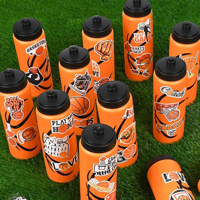 Basketball Party Favors, 12 Pack Basketball Water Bottles with 300 PCS Stickers, 20 oz Sports Squeeze Bottle, BPA-Free Reusable Water Bottles Bulk for Boys, Gifts For Team