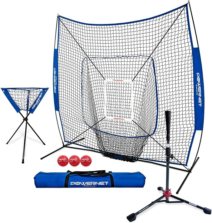 PowerNet Baseball Softball Practice Net 7x7 with Baseball Accessories for Practice Pitching, Batting & Fielding, Ball Caddy, Weighted Baseballs, Tee