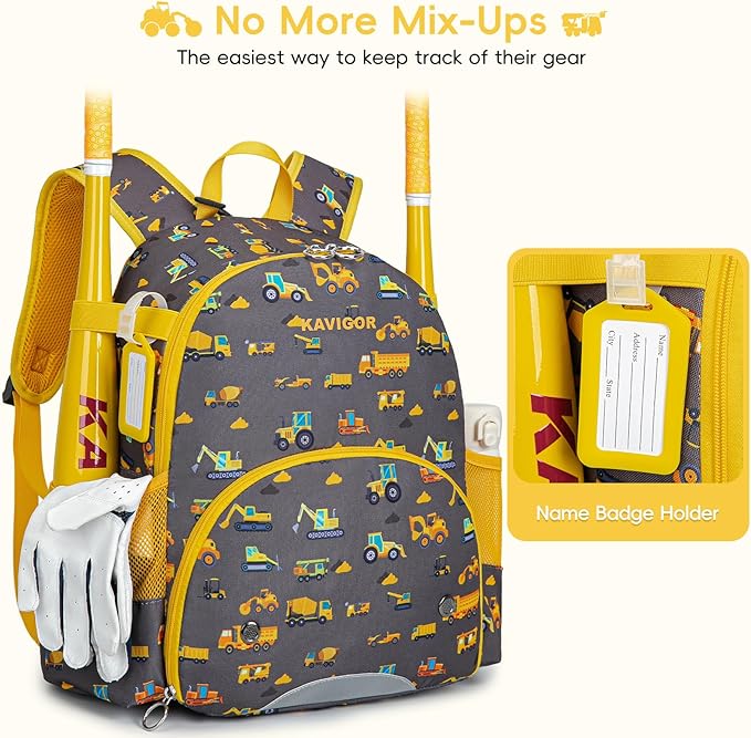 KAVIGOR Youth Tball Baseball Backpack, Lightweight Softball Bag with Shoes Compartment & Name Tag, Reinforced Zippers & Seams