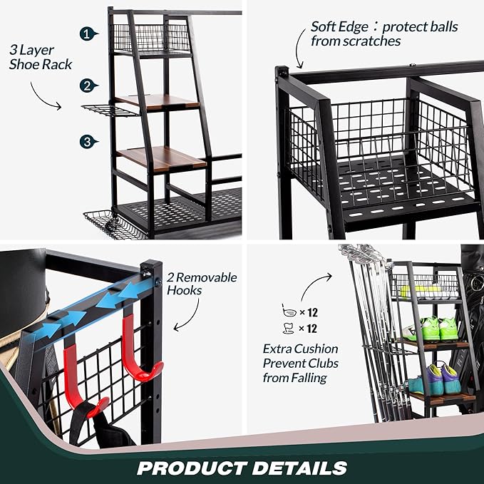 Sttoraboks Golf Bags Storage Garage Organizer, Golf Bag Rack Fits 2/3 Golf Bags and Golf Equipment Accessories, Golf Club Storage Stand with Wooden Shelf and Lockable Wheels for Garage Indoor Basement