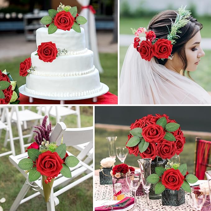 AmyHomie 25pcs Real Looking Artificial Red Roses w/Stem - Image 4