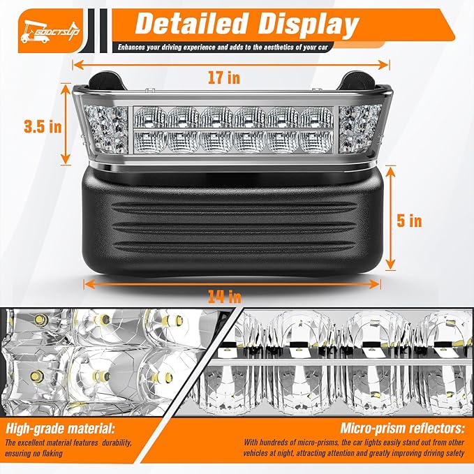 Club Car LED Headlight with Bumper, 12V Golf Cart LED Headlight for Club Car Precedent 2004-UP Electric Cart Models, Replace Precedent Head Light OEM# 102524801, 1025248-01