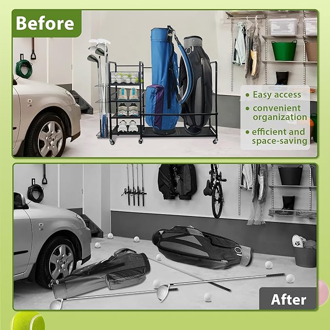 Golf Bag Storage Rack with Wheels, Golf Bag Organizer Fits 2 Bags and Store golf clubs, balls, shoes, and golf equipment accessories, Sturdy Golf Storage Rack for Home Garage Club Basement, Black