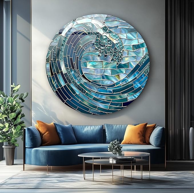 My Photostation.com 20'' Diameter Ocean Wave in Blue Mosaic Round Glass Wall - Image 6
