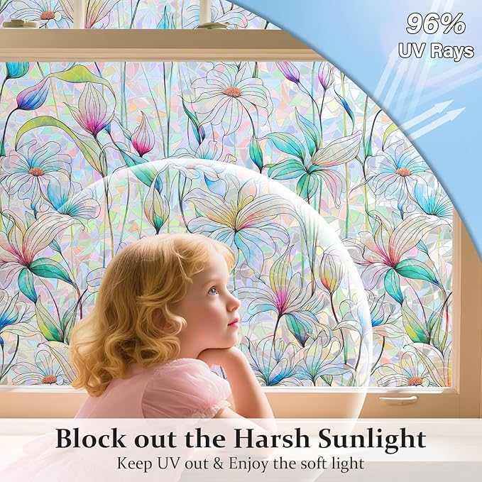 Donox Decorative Window Privacy Film, 3D Floral Stained Glass Window Film - Image 4